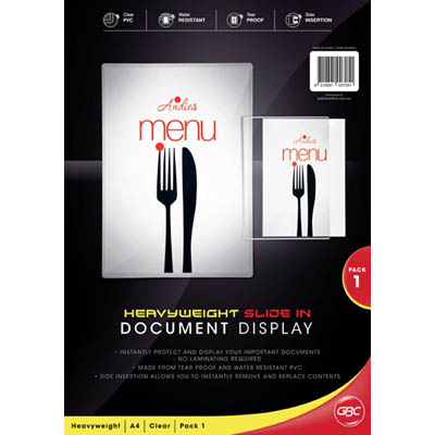 GBC Slide In Document Display Protector Heavy Duty Thick A4 Clear Menu Holder, Document Display