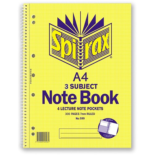 Three Subject Notebook Perforated/Note Pockets A4 Ruled 300 Page Side Opening
