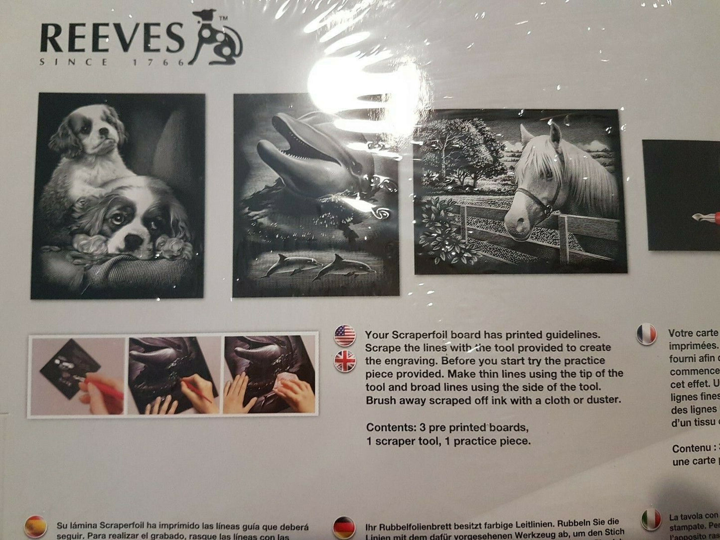 REEVES SCRAPERFOIL SILVER Gravure Argentee -Dolphin, Dog, Horse PPSFS7 8+