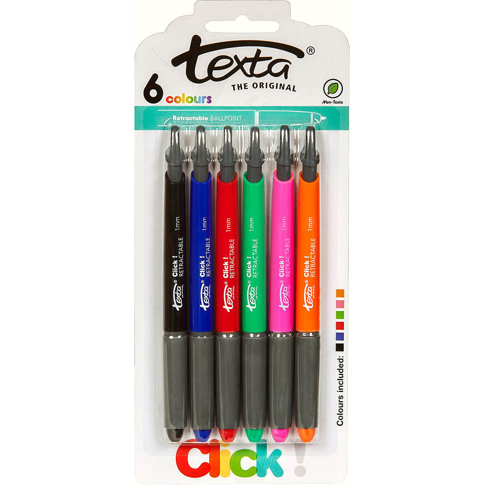 Texta Retractable Ballpoint Pen Assorted Pack 6 Hangsell, Colours: Black, Blue, Red, Green, Pink, Orange